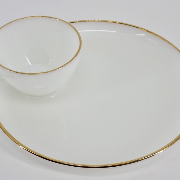 Fire King Anchor Hocking 22k Gold Rim Milk Glass Tea Cup Snack Plate Set Vintage - Picture 1 of 12